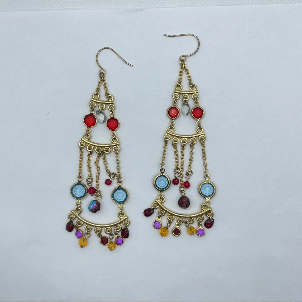 Boho Glam Gold Tone Chandelier‎ w/ Jewel Toned Glass Gems